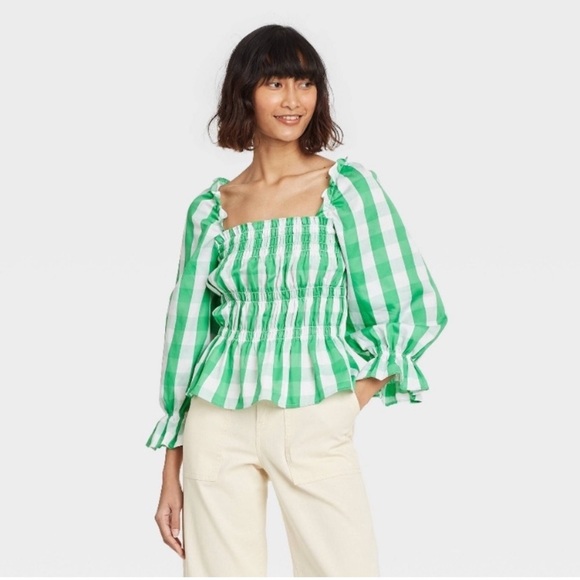 Who What Wear Tops - Who What Wear Smocked Peplum Puff Sleeve Top Large
